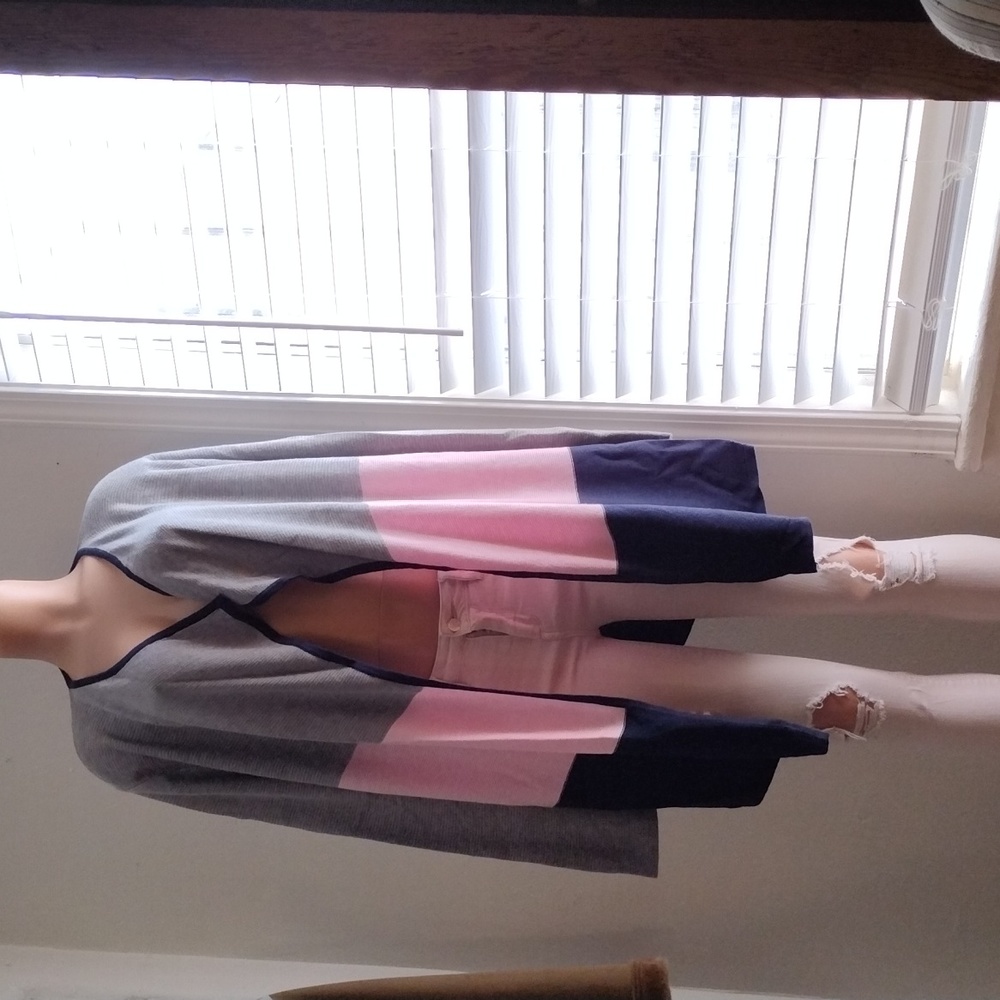 Philosophy gray pink navy strip  open front sweater XL